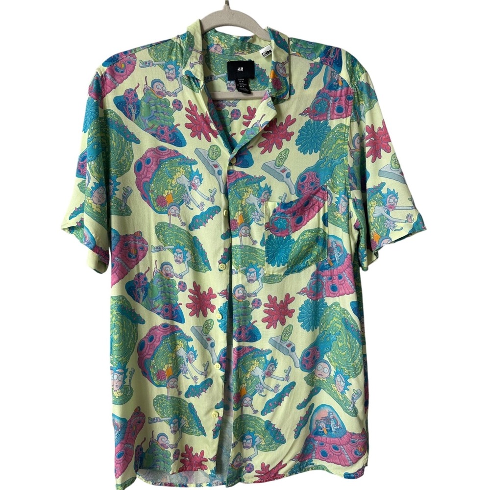H&M‎ Rick and Morty Button-Up Short Sleeve Cartoon Shirt, Men's Medium
